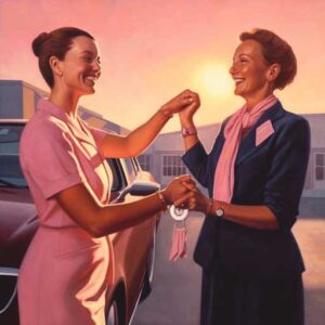 woman handing car keys to another woman, happy.